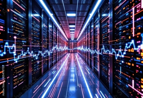Fototapeta Futuristic Data Center with Digital Overlay