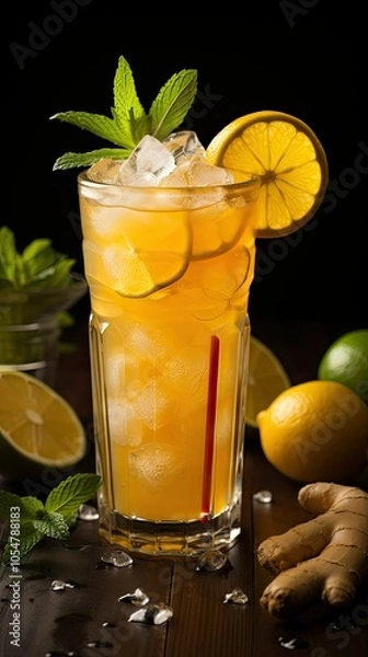 Fototapeta Refreshing summer drink with lemon, ginger, and mint.