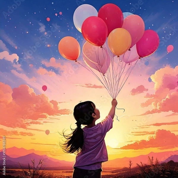 Obraz 幻想的な空に浮かぶ風船と少女