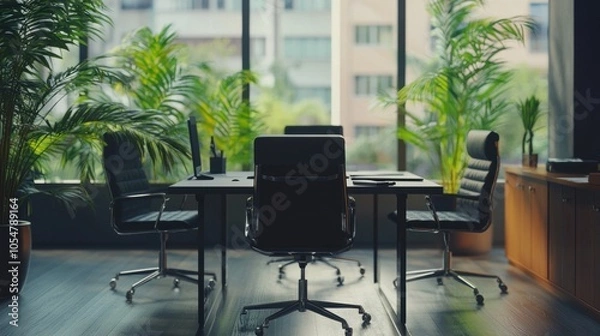 Fototapeta Modern office space with chairs and plants, designed for collaboration and productivity.