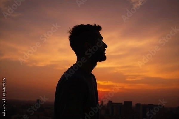 Fototapeta Silhouette of a Man Against a Vibrant Sunset Sky