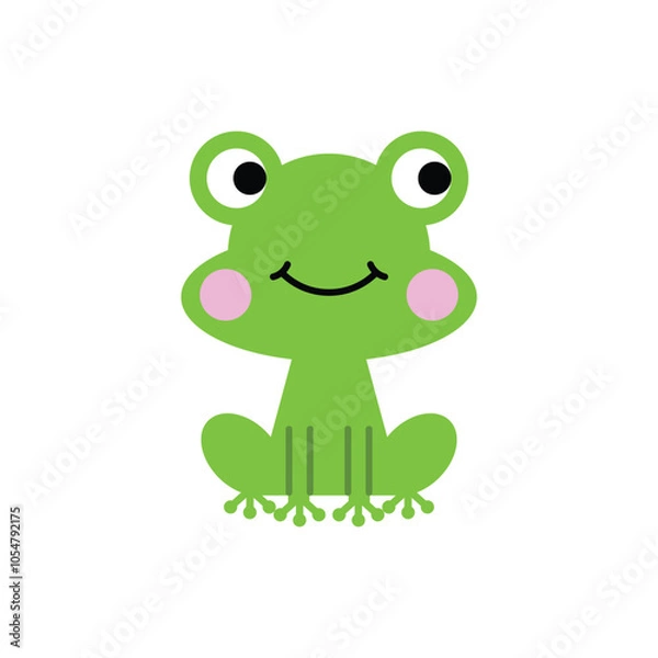 Obraz A green smiling childish frog is sitting. Cartoon style. Vector illustration.