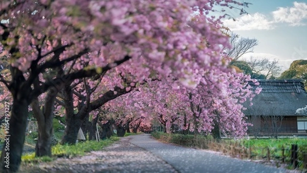 Obraz Pathway lined with cherry blossom trees in full bloom