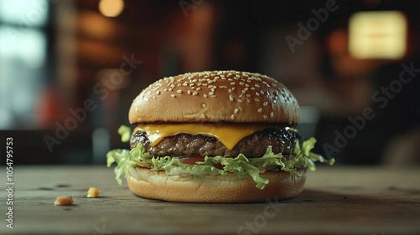 Fototapeta Delicious cheeseburger with lettuce in a casual dining setting during evening hours