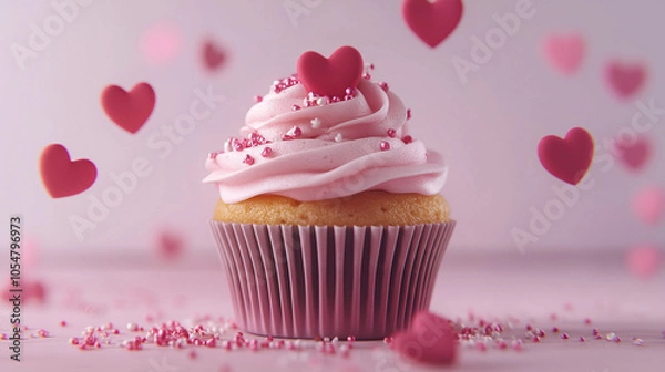 Fototapeta Love is in the Air: A delightful pink cupcake, adorned with heart-shaped sprinkles and a charming pink heart on top, is surrounded by floating hearts, creating a dreamy, romantic atmosphere.