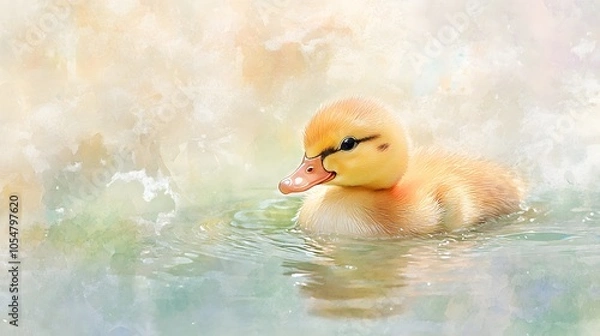 Fototapeta Dreamy watercolor of a pastel-colored baby duck swimming in a soft, calm pond