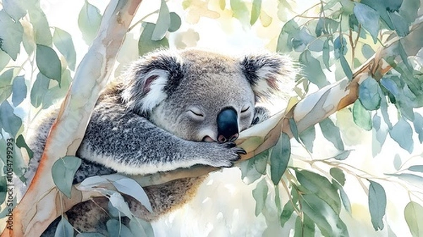 Fototapeta Soft pastel-colored watercolor koala sleeping in a gentle eucalyptus tree