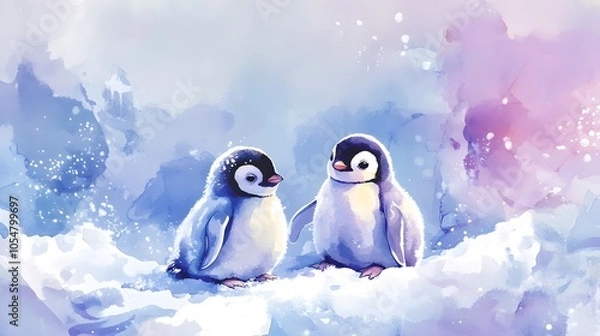 Fototapeta Soft watercolor of pastel-colored baby penguins playing in the snow under a dreamy sky