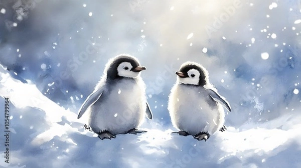 Fototapeta Soft watercolor of pastel-colored baby penguins playing in the snow under a dreamy sky
