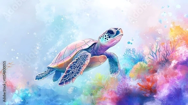 Fototapeta Watercolor baby turtle in a soft pastel-colored underwater world with gentle coral