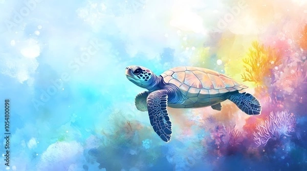 Fototapeta Watercolor baby turtle in a soft pastel-colored underwater world with gentle coral