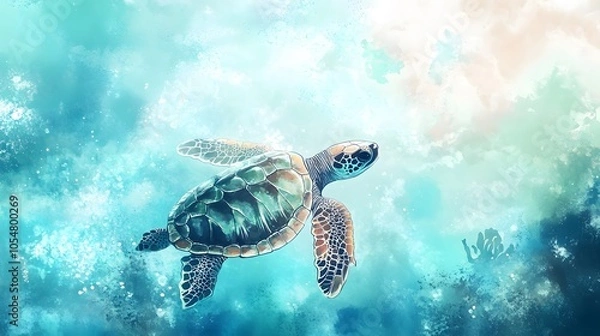 Fototapeta Watercolor baby turtle in a soft pastel-colored underwater world with gentle coral