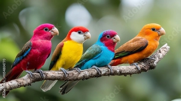 Fototapeta Four colorful parrots perched on a branch, showcasing a vibrant display of feathers.