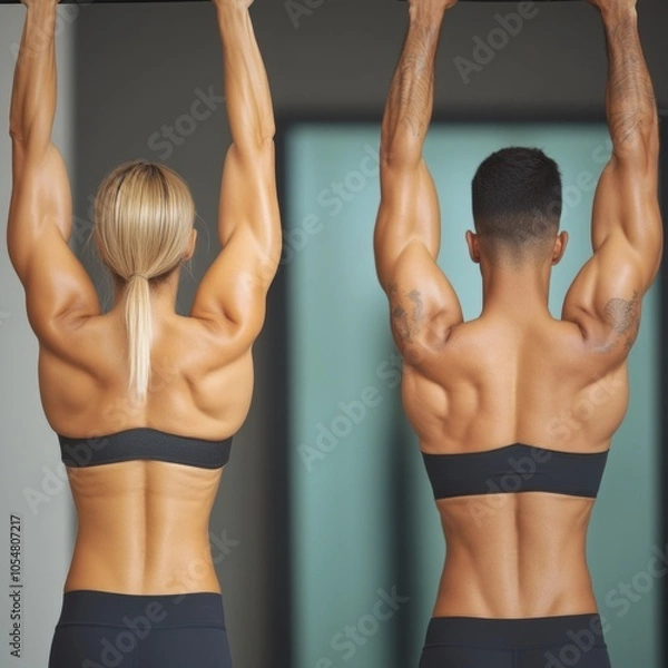Fototapeta Two individuals performing pull-ups in a gym setting.