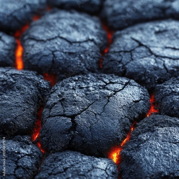 Fototapeta Close-up of cracked volcanic rock with glowing lava beneath the surface.