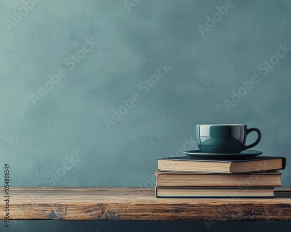 Fototapeta A cozy scene with books and a coffee cup on a wooden shelf, against a textured background.