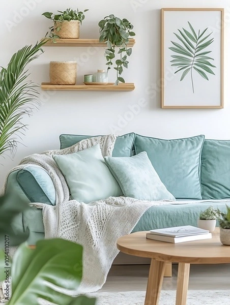Fototapeta Scandinavian Inspired Neutral Living Area with Green Touches and Botanical Wall Art : Generative AI