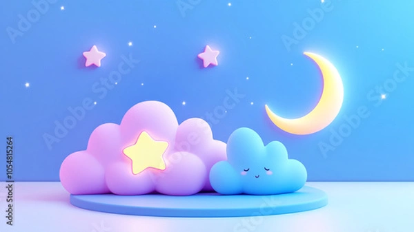 Fototapeta Colorful pastel clouds with smiling cloud, star, and crescent moon create whimsical scene. soft hues and playful shapes evoke sense of joy and tranquility