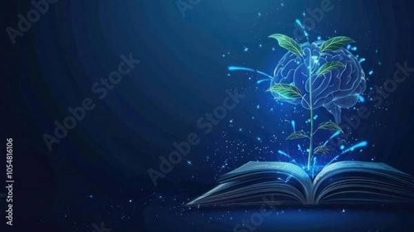 Fototapeta Knowledge Growth: A Brain-Shaped Plant Sprouting From an Open Book