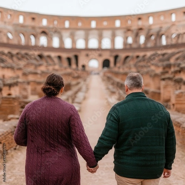 Fototapeta A couple holding hands while walking through the Colosseum.