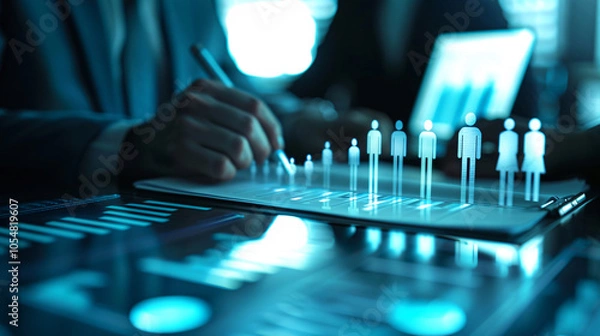 Obraz Businessperson analyzing digital holographic workforce data on a tablet, representing human resources management, team analytics, and futuristic recruitment technology