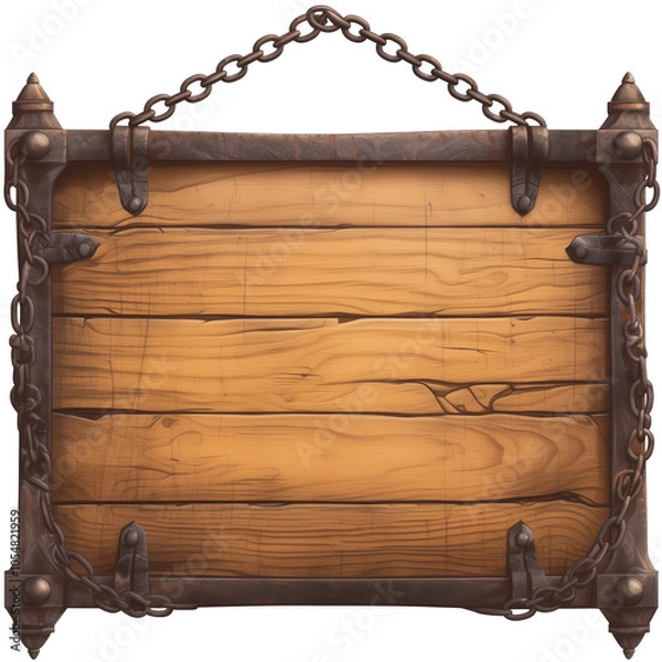 Obraz A blank sign on chains, hanging from the top left corner of an iron frame, with wooden edges and dark metal accents. The background is a transparent white. 