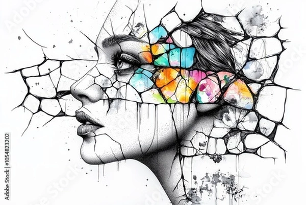 Fototapeta Black-and-white female profile surrounded by colorful, fractured geometric patterns, reflecting emotional fragmentation, creativity, and personal healing in abstract digital artwork.