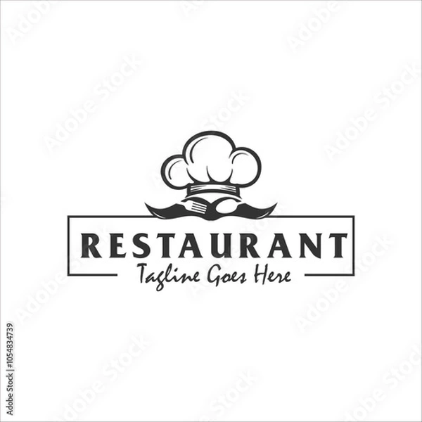 Fototapeta Chef and restaurant simple retro logo design with a cap / chef hat and mustache
