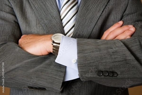 Fototapeta Businessman in formal grey suit with watch crossing arms in workplace setting : Generative AI