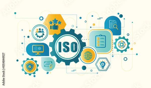 Fototapeta ISO standards quality control assurance warranty business technology concept. ISO web banner with icons vector illustrator infographic design.