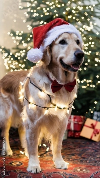 Fototapeta Festive Golden Retriever with Santa Hat, Bow Tie, and Christmas Lights