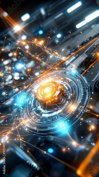 Fototapeta Abstract futuristic technology background with glowing lines and circular elements.