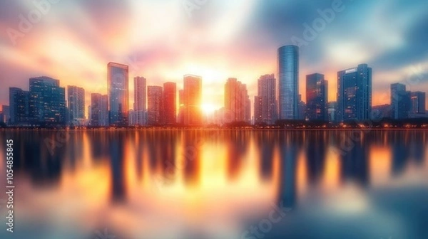 Fototapeta An artistic representation of blurred city buildings with water reflections at sunset, creating a serene and picturesque urban landscape.