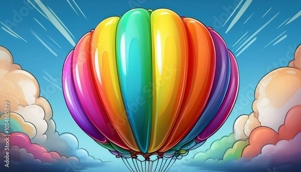 Fototapeta 3D illustration of a cheerful inflatable rainbow balloon in cartoon style, ideal for use in party decorations and fun graphics