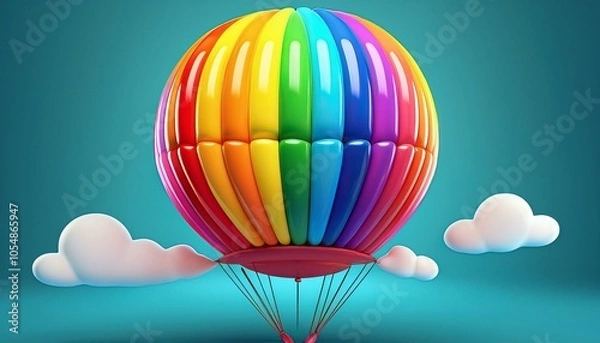 Fototapeta 3D illustration of a cheerful inflatable rainbow balloon in cartoon style, ideal for use in party decorations and fun graphics