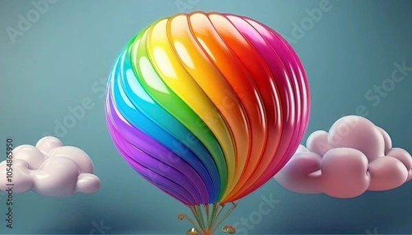 Fototapeta 3D illustration of a cheerful inflatable rainbow balloon in cartoon style, ideal for use in party decorations and fun graphics