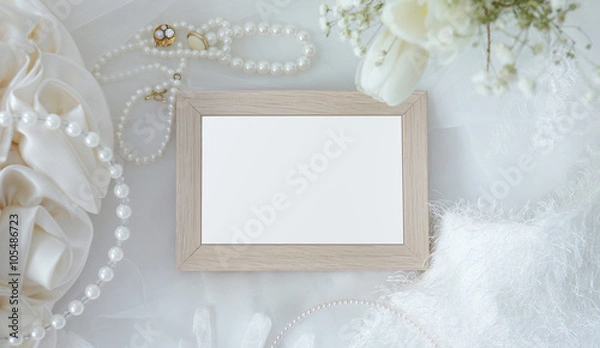 Obraz Blank wooden frame with flowers, jewelry, fur and accessories on white cloth background