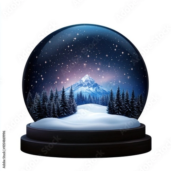 Fototapeta A charming snow globe featuring a scenic winter landscape with a mountain and snow-covered trees, perfect for holiday decor.