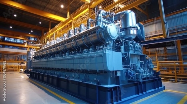 Fototapeta Industrial engine room interior. Industrial power plant main generator with enormous diesel engine. high voltage industrial diesel generator at a power generation plant