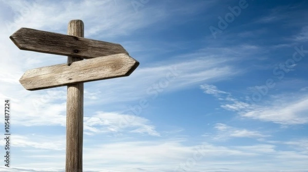 Fototapeta Rustic wooden signpost with opposing arrows, a symbol of choice and diverging paths