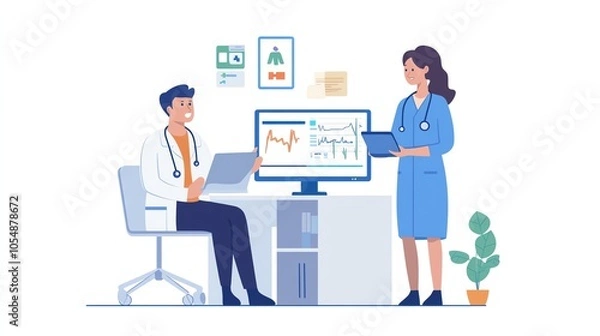 Fototapeta Female doctor discussing mental health with young man computer showing health graphs nurse standing nearby