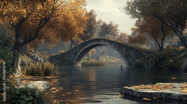 Fototapeta A serene river with an old stone bridge arching over it, surrounded by autumn trees