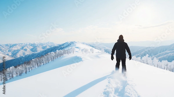 Fototapeta A lone hiker standing on a snow-covered mountain peak, surrounded by vast, serene winter landscapes under a clear blue sky.