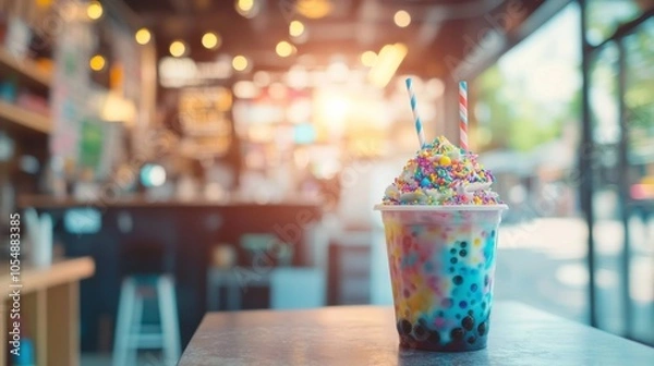 Fototapeta Colorful Dessert Drink with Sprinkles in Cafe Setting
