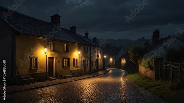 Fototapeta Countryside village at night as rain about to fall