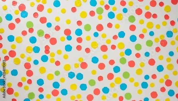 Fototapeta Irregularly shaped colorful dots form an abstract confetti pattern on a white background, creating a lively, festive look. Created with generative AI technology
