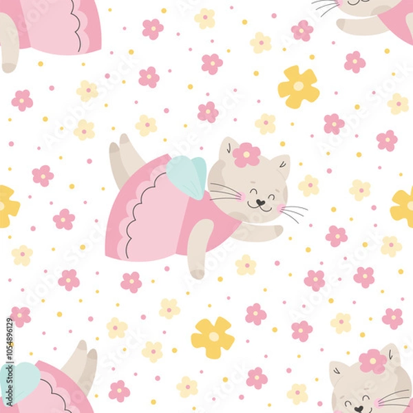 Fototapeta Fairy tale cat with flowers seamless pattern