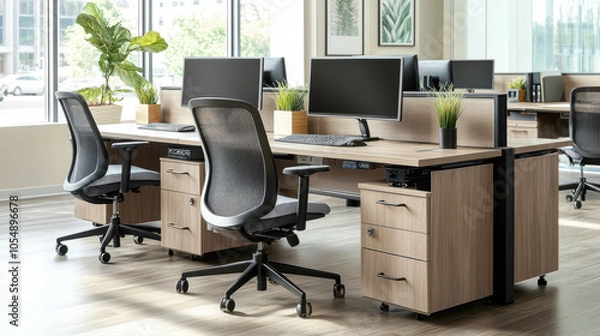 Fototapeta Modern office workspace with ergonomic chairs and dual monitors