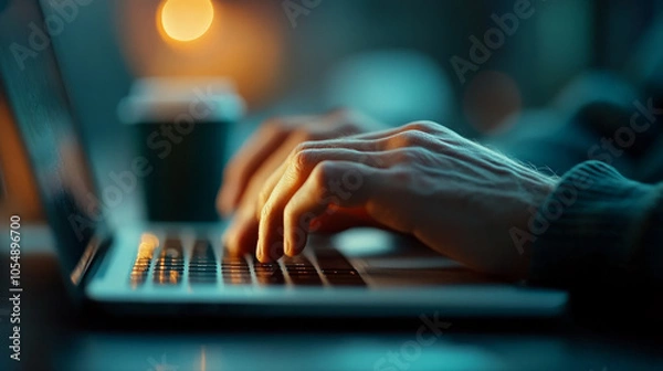 Fototapeta image captures close up of hands typing on laptop keyboard in dimly lit environment, evoking sense of focus and productivity. warm glow in background adds cozy atmosphere