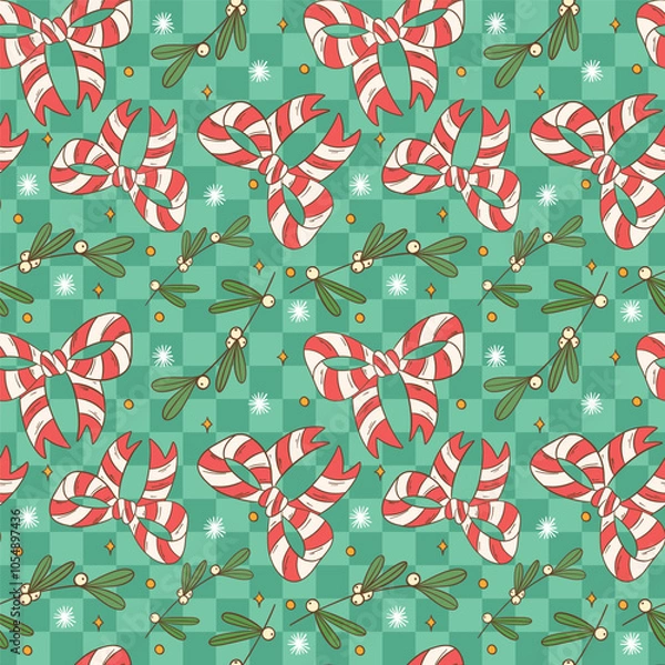 Fototapeta Festive Candy Cane Bow and Mistletoe Repeat Pattern Design